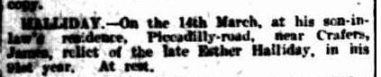 James Halliday's death announcement, The Advertiser, Wednesday 17 March 1909